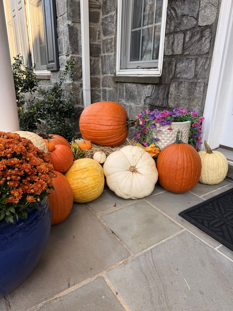 Pumpkins and gourds along a flagstone porch of a stone house, beside a blue glazed pot of orange mums