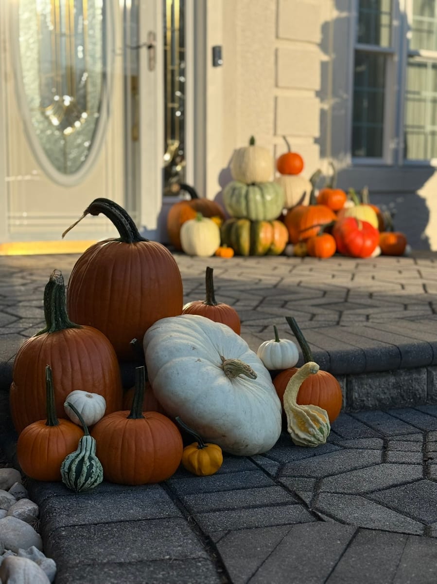 Pumpkins and gourds grouped on a paver walkway in low golden light, with a larger display banked at the door behind