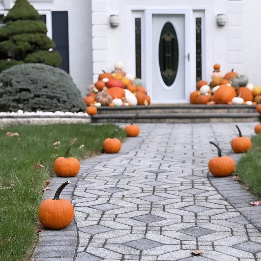 Small pumpkins spaced along a paved walkway leading to a white front door banked with pumpkins on both sides