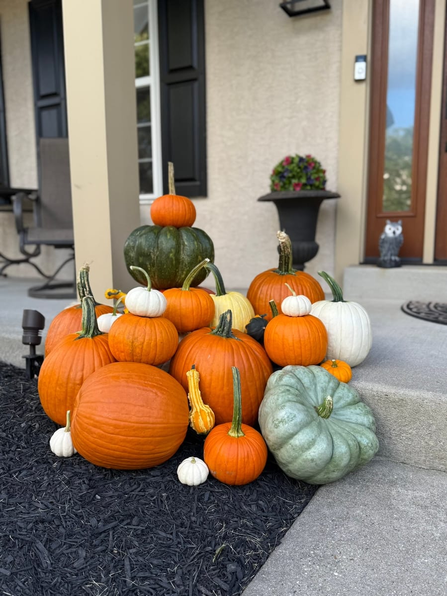 A large stacked arrangement of orange, white and green pumpkins on a walkway beside a front door, with a small owl statue on the step