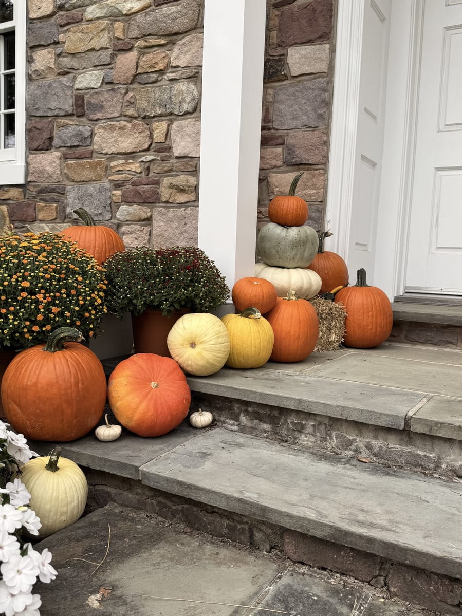 A stack of green, white and orange pumpkins beside a stone-faced entry, with mums massed on the steps below