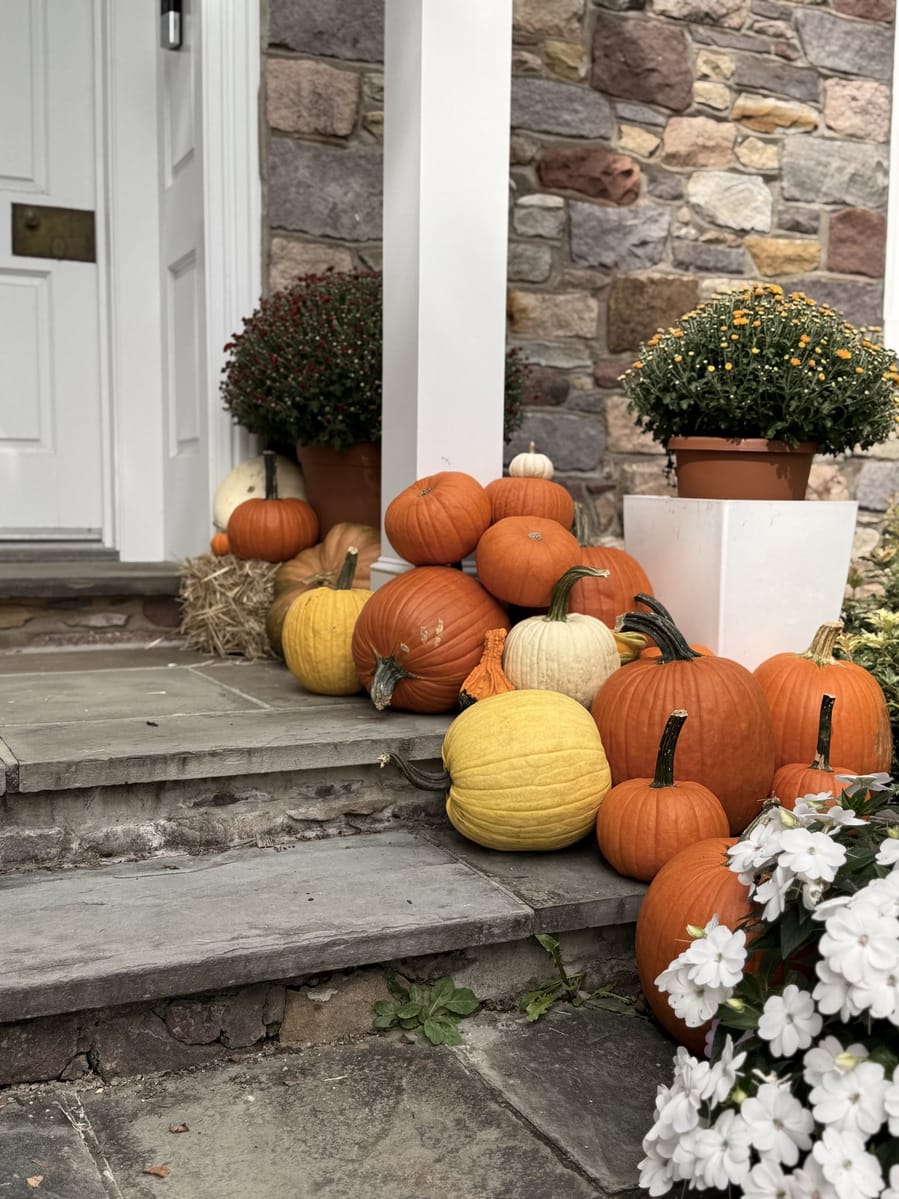 Pumpkins and gourds banked along stone steps beside a white front door, with mums in terracotta pots