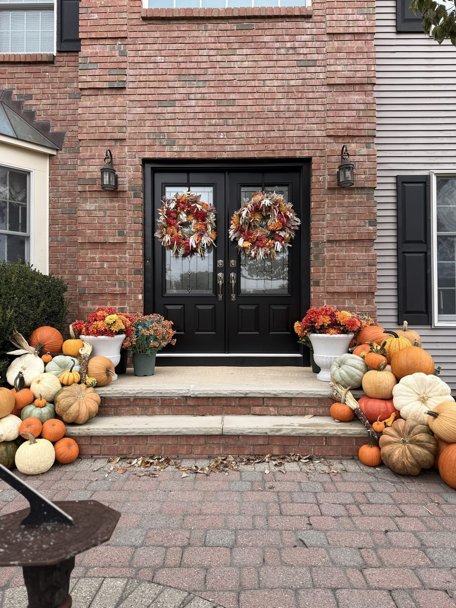 Black double doors with matching fall wreaths, banked on both sides by heirloom pumpkins and white urns of mums
