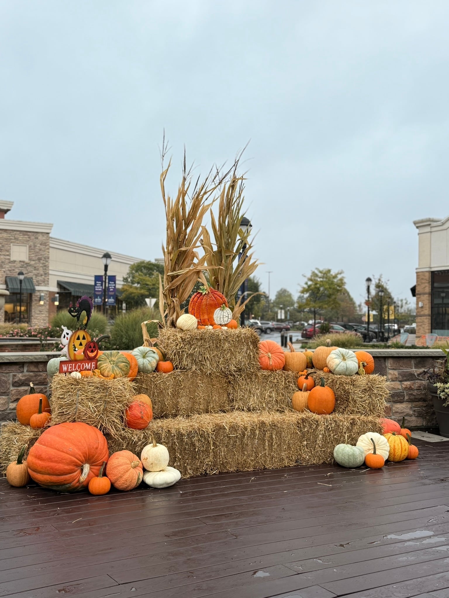 A tiered straw-bale display topped with cornstalks and heirloom pumpkins outside a shopping-center storefront