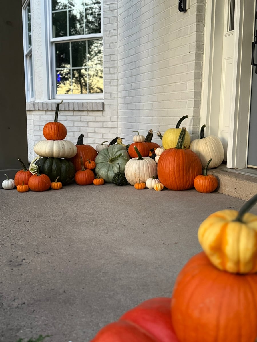 A long run of stacked and grouped pumpkins along the base of a white brick wall beside a front door